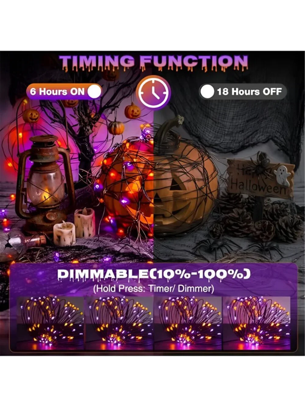 16FT 50 LED 1 Pack Fairy Lights+2 Pack Orange Purple Halloween Lights for Tree